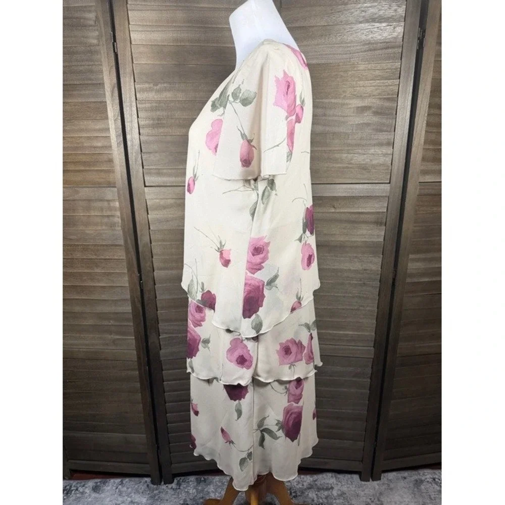 R&M Richards Karen Kwong Sand Pink Rose Floral Tiered Midi Dress Womens 14‎ NWT